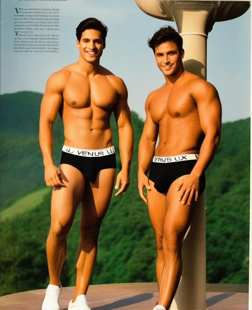 A man in Indian LUX VENUS undervest and LUX Classic underwear and with one man friend in under vest and were black trunk underwear