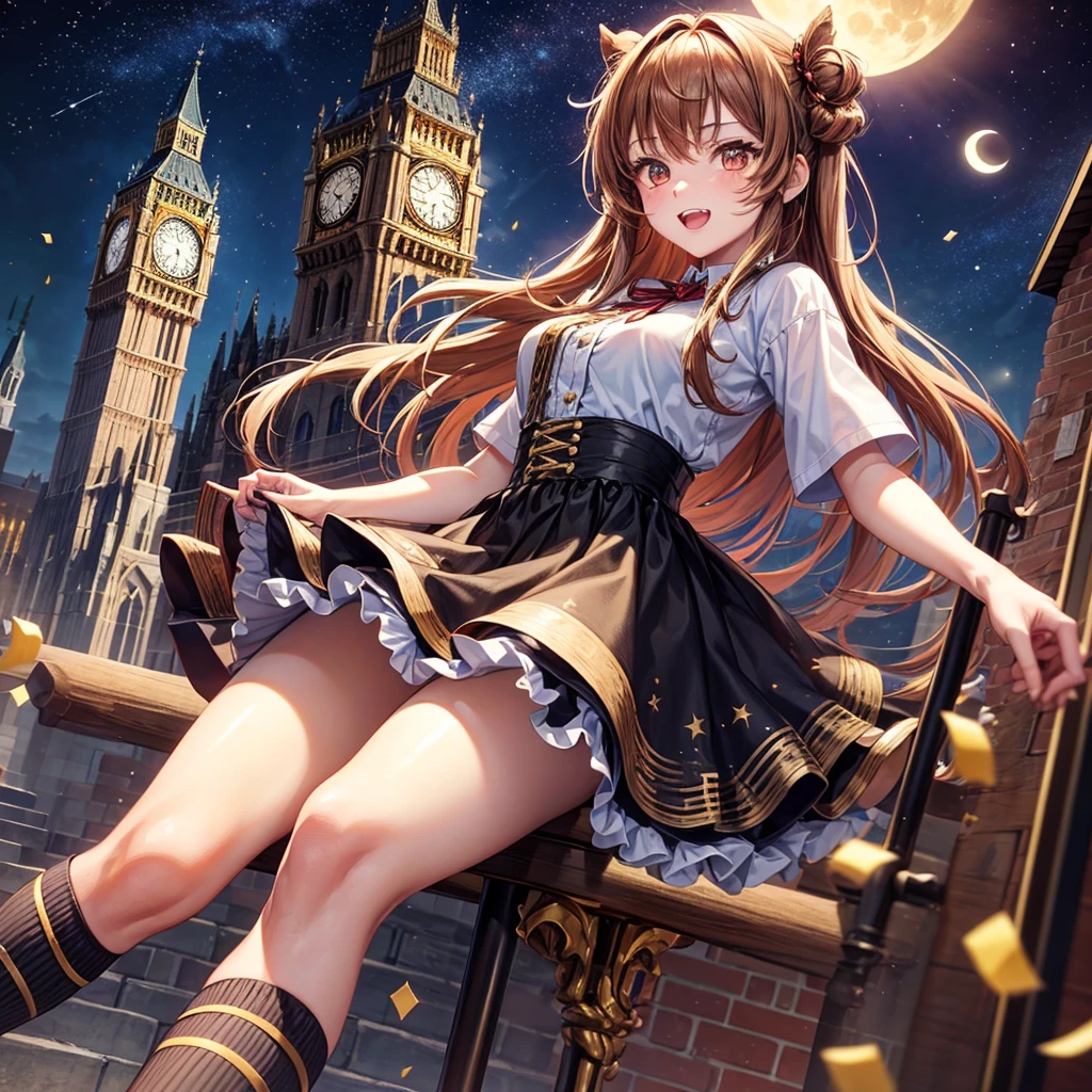 Brown and gold hair、Red gold eyes、Hair tied up、One good looking girl、solo、anime、Checkered mini skirt、Ruffles on the skirt、T-Shirts、Black knee-high socks、Ribbon、Teeth are visible、Starry Sky、Midnight Moon、Confetti、Brick construction、clock tower、Spiral staircase