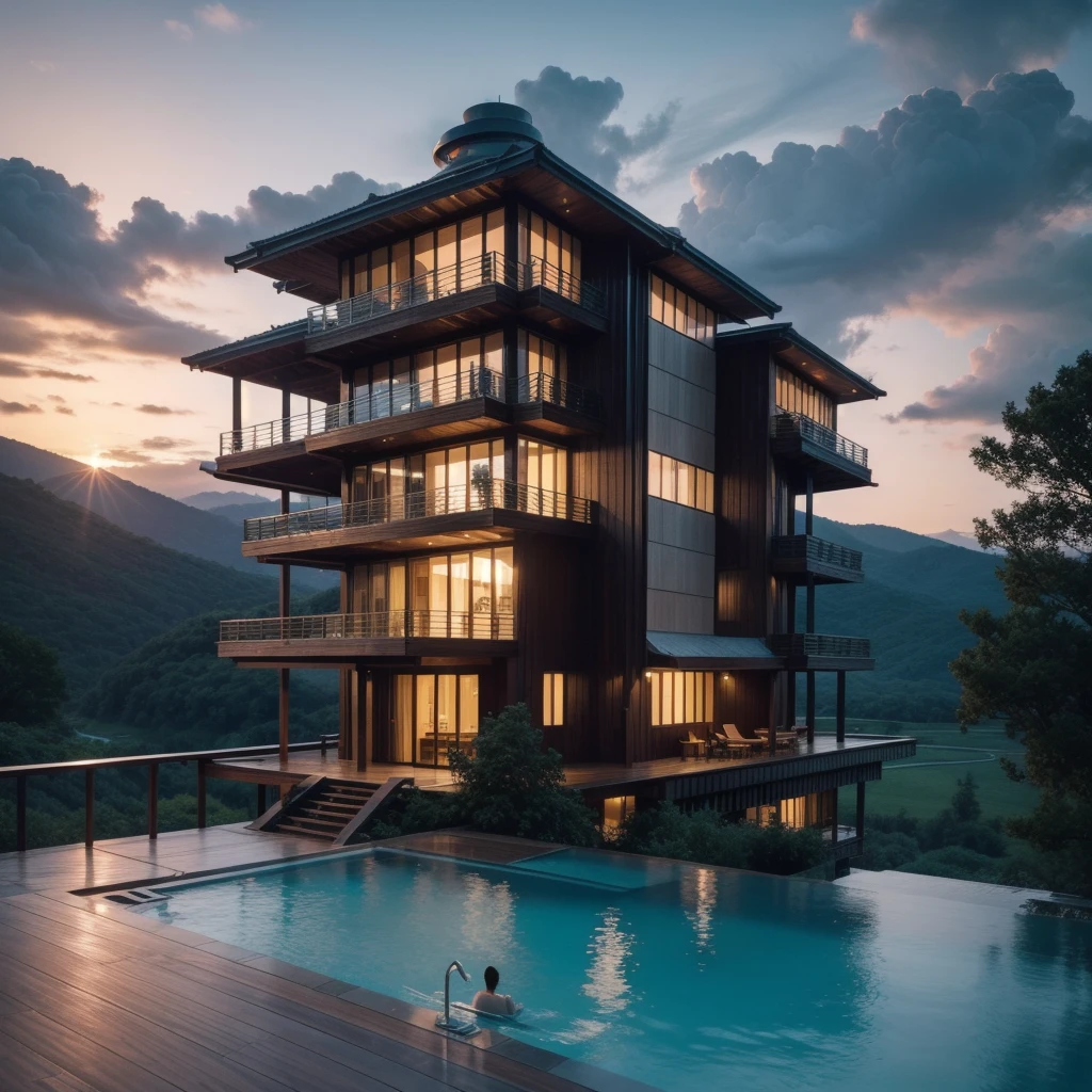 Zaha Hadid style hotel tower with wood and metal texture, hotel with infinity pool, rural landscape at dusk in high quality, 8k UHD