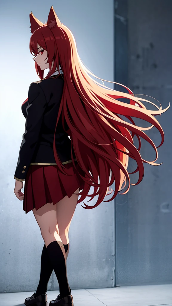 1girl ,20s,mature female,serious face,solo,red hair,red eyes,long hair,fox ears,hair between eyes,(simple background),necktie,black jacket, blazer,long sleeves,pleated skirt,full body,from back,(looking back),walking,looking at view