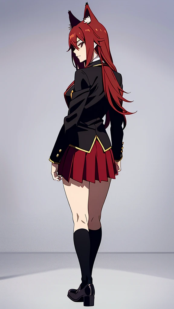 1girl ,20s,mature female,serious face,solo,red hair,red eyes,long hair,fox ears,hair between eyes,(simple background),necktie,black jacket, blazer,long sleeves,pleated skirt,full body,from back,(looking back),walking,looking at view