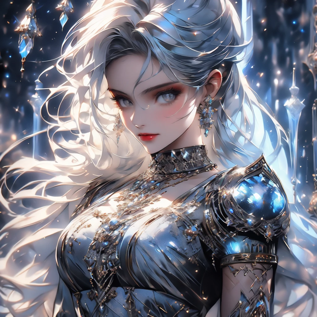 ((high quality:1.2, masterpiece:1.2)), 1girl, beautiful face, white hair, grey eyes, dynamic pose, (death knight, fantasy), (face shot, upper body), fantasy, (noon, ice castle background:1.2), majestic clouds, absurdres, high details, detailed and intricate, best lighting, sharp focus, realistic lighting