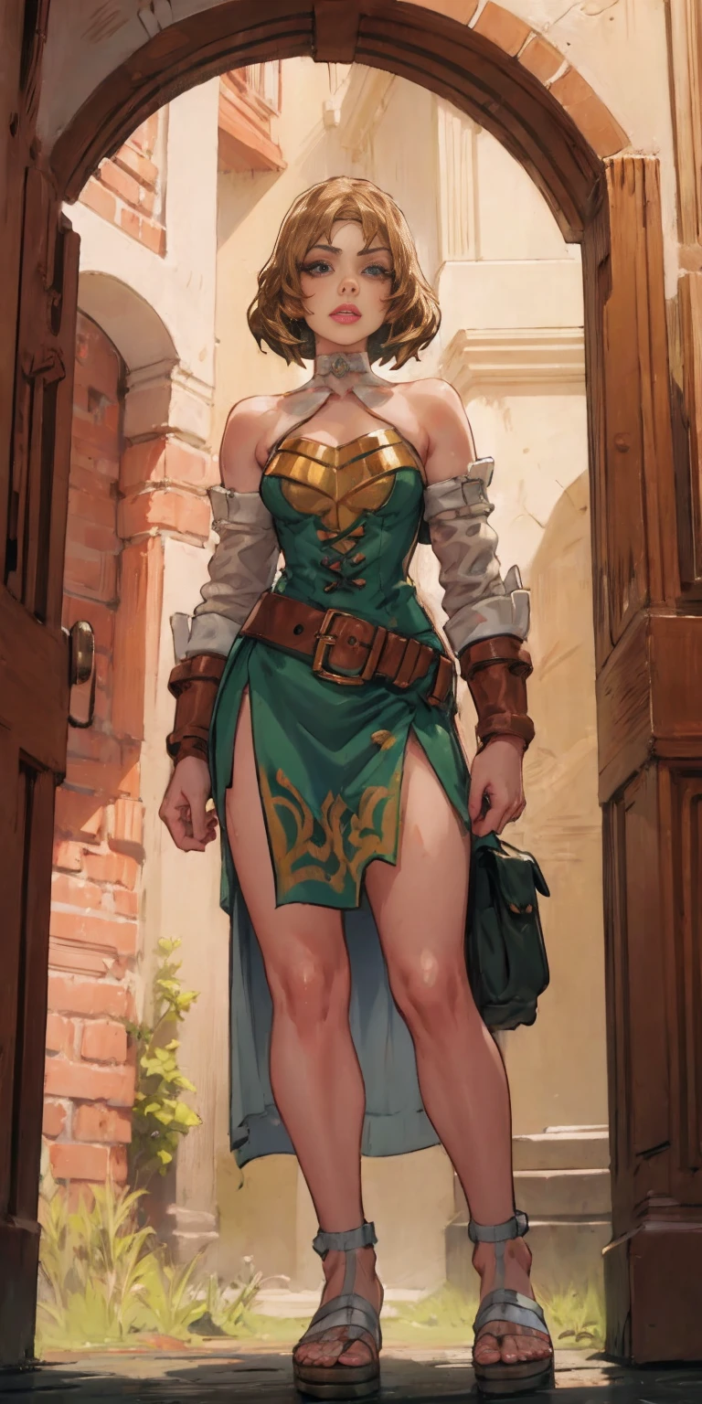 a solo image of a female slave fighter standing with her feet together in a view from below.  She wears a loincloth, metal sandals, a backpack, a choker, a big belt, and bracers.  A tiara sits atop her head.