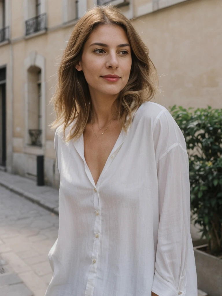 Chloe Laurent, 1girl, solo, realistic, (((consistent face and image))), ((Caucasian mature)), ((French woman)), ((French nose)), ((French lips)), ((French body and skin)), Chloe's outfit combines casual comfort with a hint of playful teasing, perfect for a day out in Paris or a relaxed evening with friends, outside