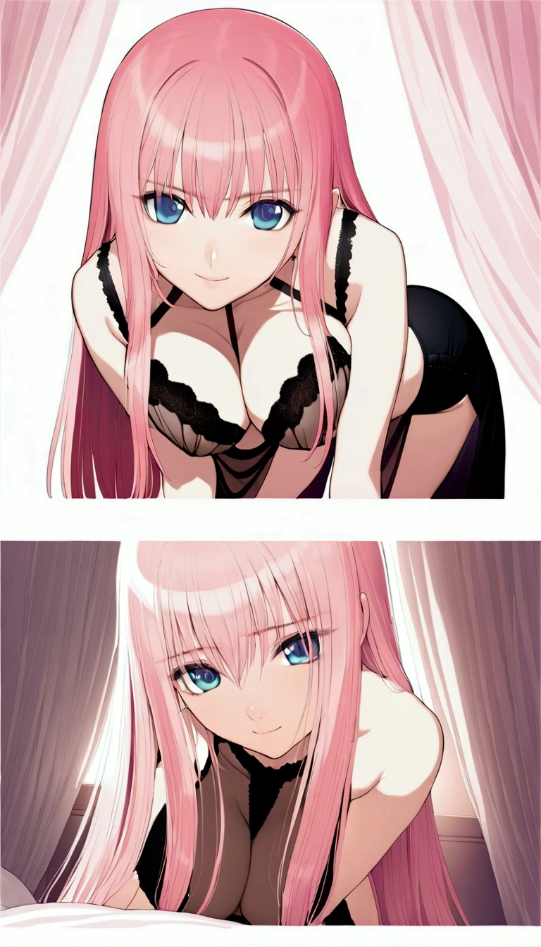 (((Browsing Caution:1.5))){{masterpiece:1.5}},{Detailed and beautiful depiction 1.5},Official Art,Beautiful adult woman 1,Megurine Luka,Pink long hair,blue eyes,Large Breasts,Facing forward,Erotic smile temptation,Black Bra,Black shorts,See-through erotic underwear,sit,Random pose,bedroom