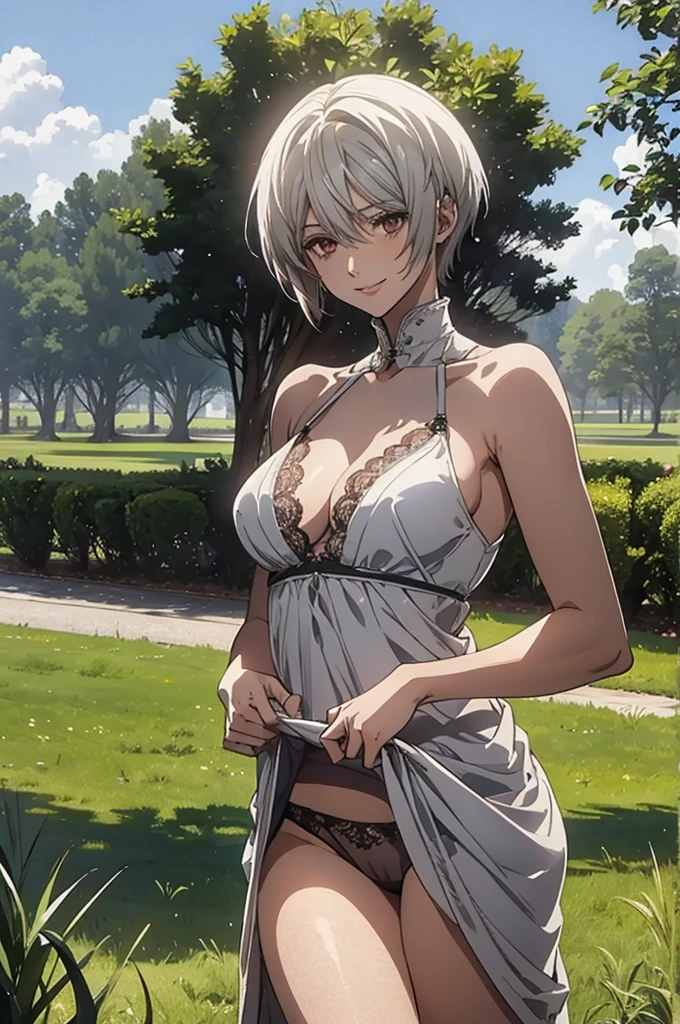 (Highest quality, High resolution, Very detailed), Silver Hair, Super short hair, Reddish brown eyes, white maxi dress, lace thong, Large Breasts, 24th generation, Beautiful woman, mature, quiet, Calm, A small smile, park, Grass, blue sky,