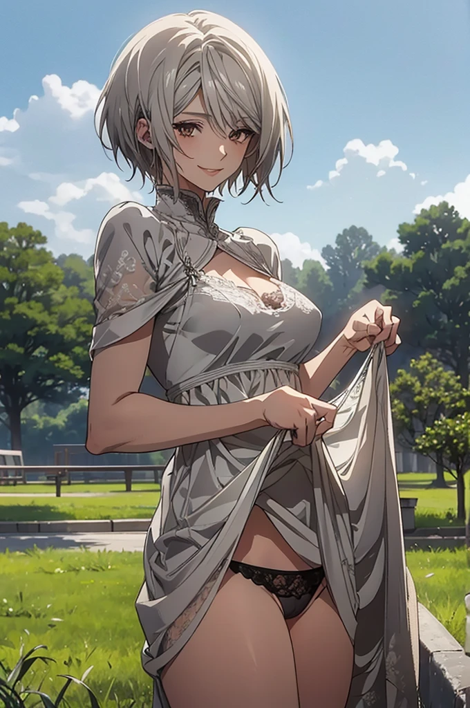 (Highest quality, High resolution, Very detailed), Silver Hair, Super short hair, Reddish brown eyes, white maxi dress, lace thong, Large Breasts, 24th generation, Beautiful woman, mature, quiet, Calm, A small smile, park, Grass, blue sky,