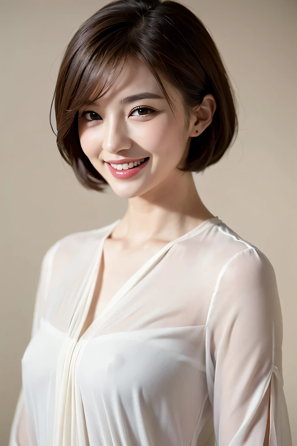((masterpiece)), ((Highest quality)), ((Complex)), ((Surreal)), (Realistic), (Mature Woman), ((There are no classes)), Very detailed, (1 female), Beautiful and exquisite, (Beautiful Teeth), Grin, Brunette Bob Hair, Brown eyes, ((blouse)), (Upper Body), (background:none), Perfect Eyes, Captivating eyes, Looking at the audience