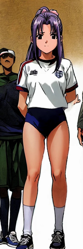 Momoko Koigakubo, a tall girl with beautiful legs, is standing with a smile on her face in a white gym uniform and light navy blue bloomers that look like panties.。Momoko Koigakubo is holding a second-grade boy wearing a tracksuit next to her.。