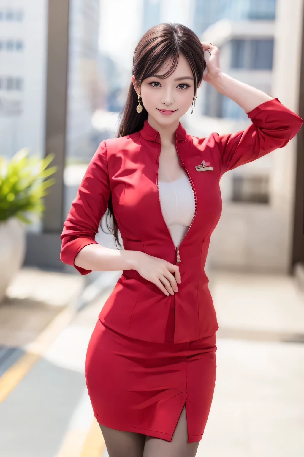 (masterpiece:1.2, Highest quality:1.2), 32k HDR, High resolution, (alone, 1 Girl), （AirAsia stewardess uniform realistic style）, A proper woman, Beautiful Face, Brown Hair, (Long hair down to the legs), (Red jacket:1.1, Unzipped jacket, Unbuttoned white shirt:1.05, Red mini skirt:1.1, pantyhose),（Showing big  through cleavage in unbuttoned white shirt）、（long hair that reaches down to the legs）、Perfect slim body:1.1, Huge breasts, huge breasts cleavage, Detailed skin texture, Beautiful Eyes, (Attractive look:1.2), necklace、Earrings、(forward leaning posture:1.5）, On the roof of a building, Rooftop at daytime,blue eyes、Hands should be lowered