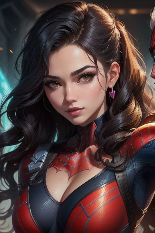 ((Best Quality)), ((Masterpiece)), (detailed), Woman with wavy hair, black color holding a heart, next to a thin man dressed as spider-man (inspired by artgerm:1.2), (Crazy art style:1.2), close-up portrait, (Senna de League of Legends:1.1), HD animated wallpaper, (Akali from League of Legends:1.1), 8K resolution