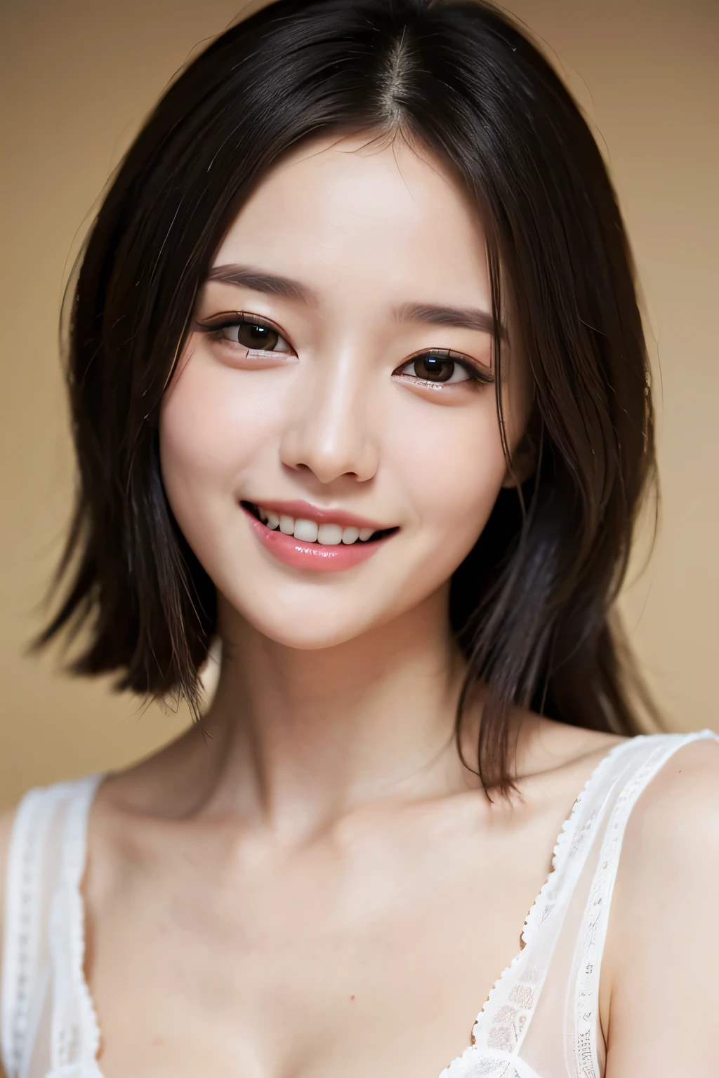 ((masterpiece)), ((Highest quality)), ((Complex)), ((Surreal)), (Realistic), (Mature Woman), ((There are no classes)), Very detailed, (1 female), Beautiful and exquisite, (Beautiful Teeth), Grin, Brunette Bob Hair, Brown eyes, ((blouse)), (Upper Body), (background:none), Perfect Eyes, Captivating eyes, Looking at the audience