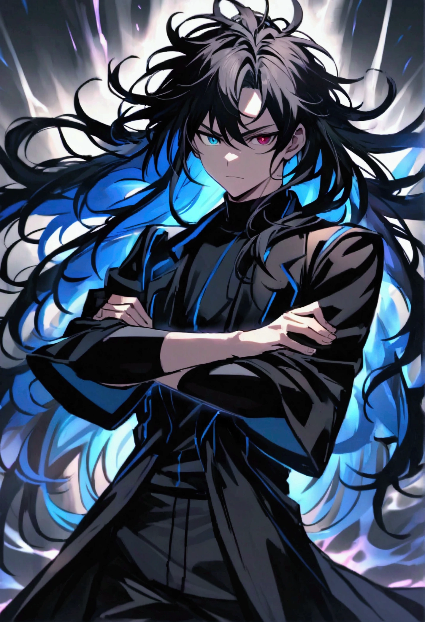  boy, Messy hair, long hair, multicolored blue and black hair, crossed arms, blue and black eyes, heterochromia, ssmile, serious face, black jersey, dark blue detailed and wide short-sleeved overcoat, detailed black pants, electric aura around the character, 