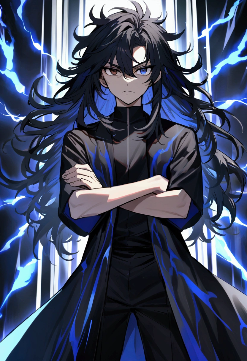 Teenage boy, Messy hair, long hair, multicolored blue and black hair, crossed arms, blue and black eyes, heterochromia, ssmile, serious face, black jersey, dark blue detailed and wide short-sleeved overcoat, detailed black pants, electric aura around the character, 