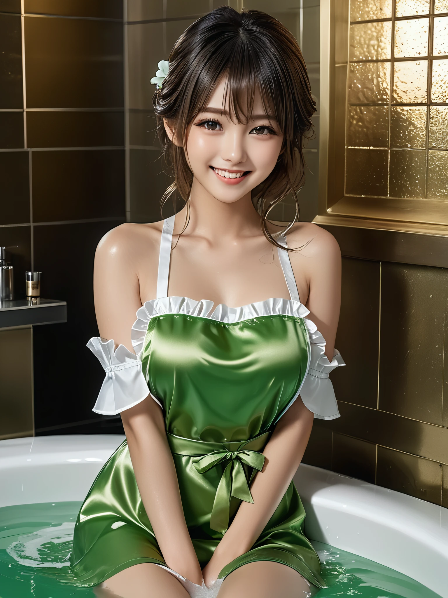 product quality, 1girl, full body shot, front view, a Japanese young pretty girl, shoulder length hair, wearing only a silky satin light green apron with white frills over her naked body with a big smile, sitting in a bathtub in a luxury shower room, glamorous figure, wet hair, wet body, busty, hyper cute face, glossy lips, double eyelids in both eyes, natural makeup, long eyelashes, shiny smooth light brown hair, asymmetrical bangs, fair skin, central image, high resolution, high detail, detailed hairstyle, detailed face, cinematic lighting, octane rendering, vibrant, hyper realistic, perfect limbs, perfect anatomy