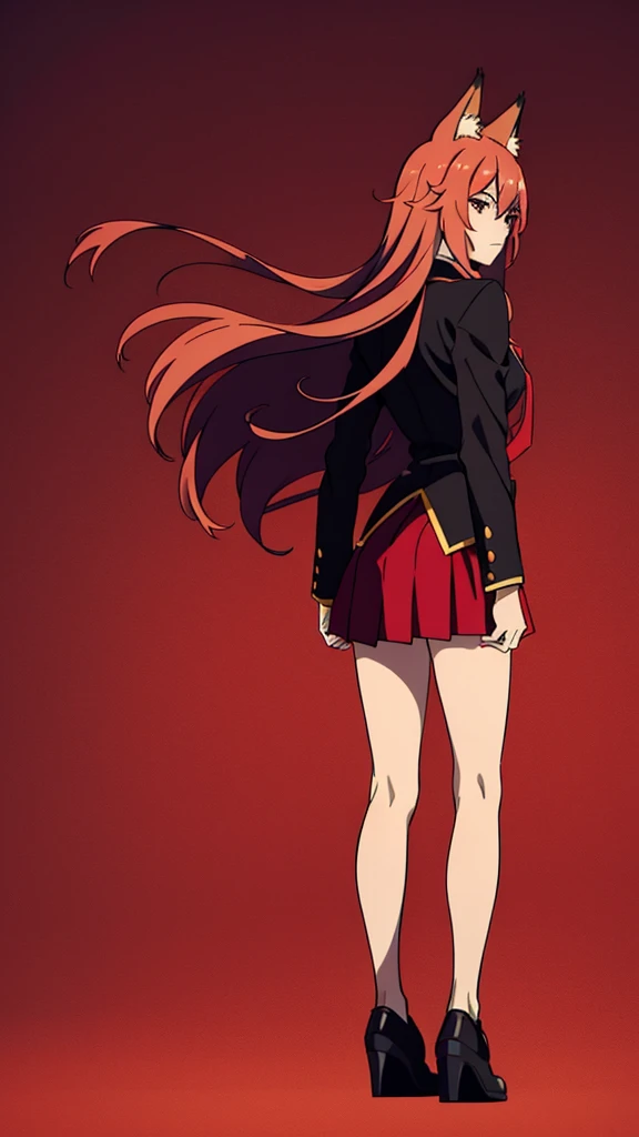 1girl ,20s,mature female,serious face,solo,red hair,red eyes,long hair,fox ears,hair between eyes,(simple background),necktie,black jacket, blazer,long sleeves,pleated skirt,full body,from back,(looking back),walking,looking at view