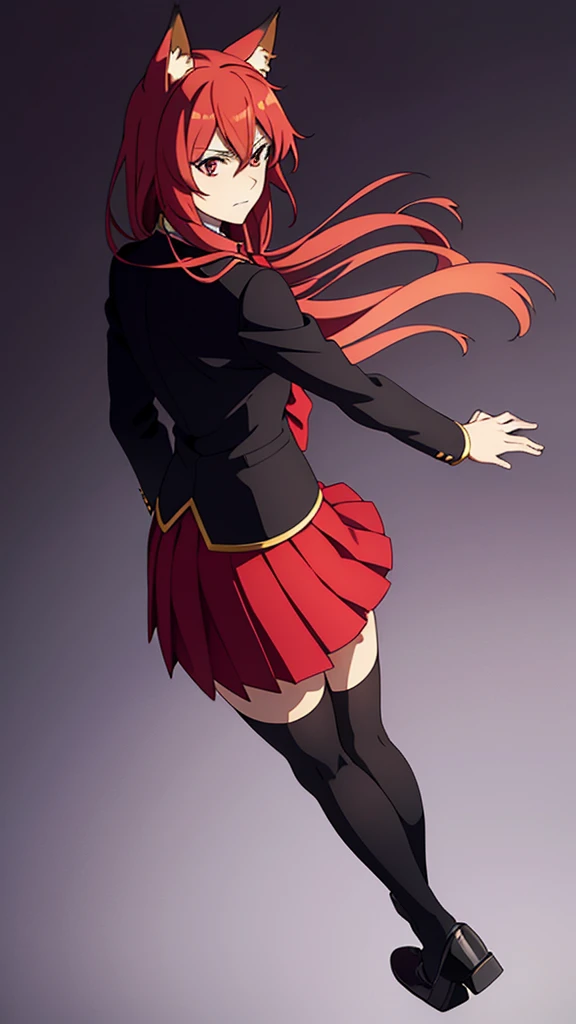 1girl ,20s,mature female,serious face,solo,red hair,red eyes,long hair,fox ears,hair between eyes,(simple background),necktie,black jacket, blazer,long sleeves,pleated skirt,full body,from back,(looking back),walking,looking at view