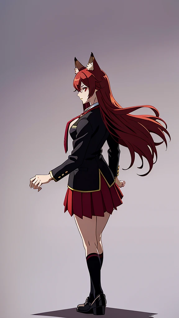 1girl ,20s,mature female,serious face,solo,red hair,red eyes,long hair,fox ears,hair between eyes,(simple background),necktie,black jacket, blazer,long sleeves,pleated skirt,full body,from back,(looking back),walking,looking at view