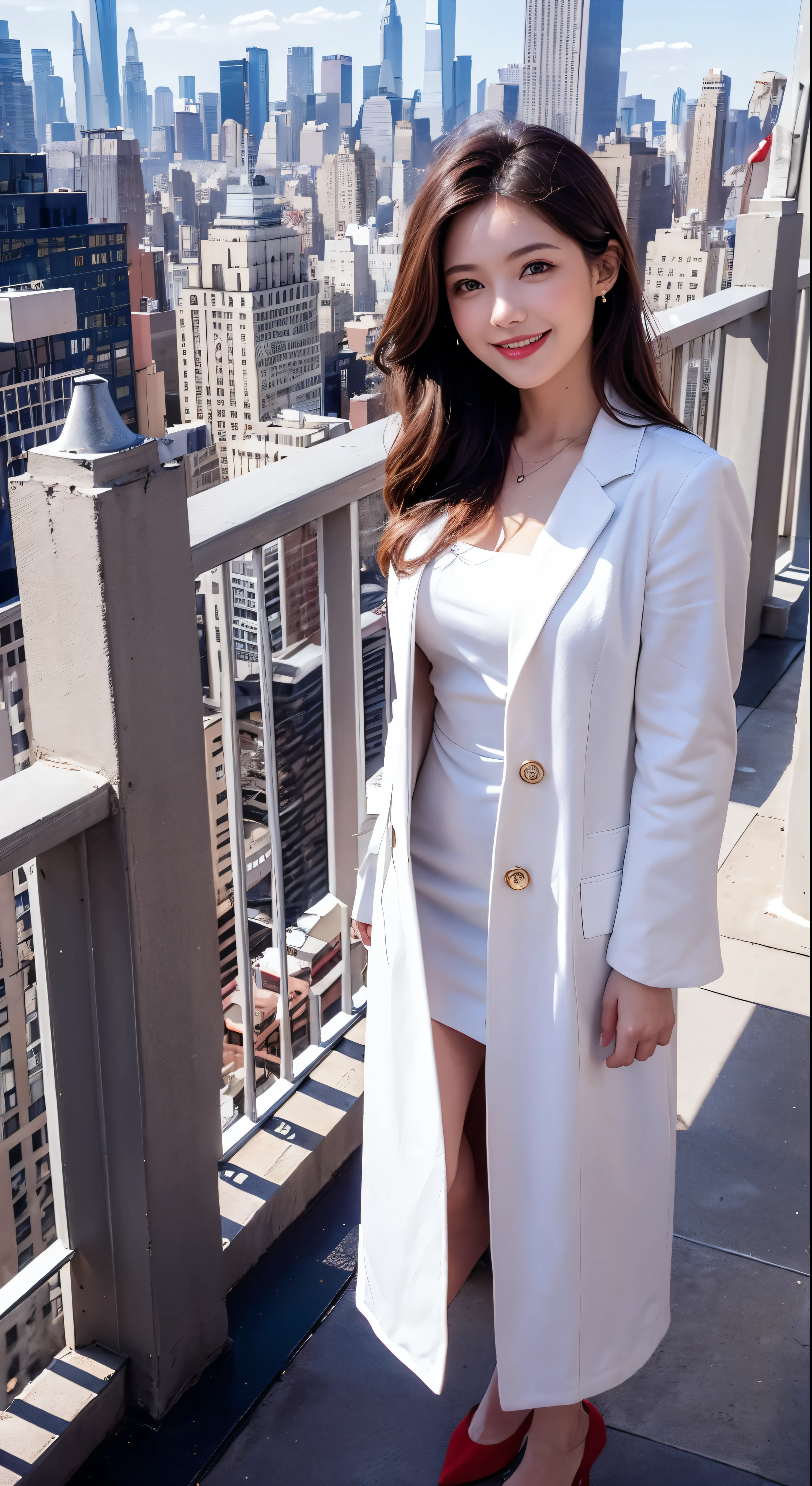 with high definition images，View of the Statue of Liberty in New York from the rooftop，Beautiful woman smiling and looking at camera，Beautiful woman in a white coat and red dress（Full body high quality images）A sunny, cloudless day，Facial details