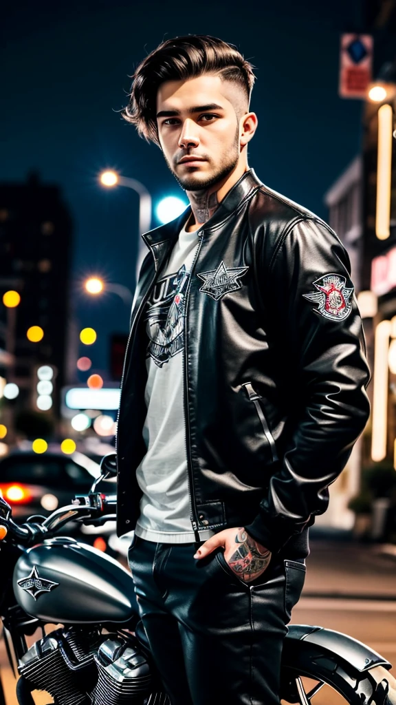young adult man, middle-lenght dark (MESSY) hair, has beard, wearing a jacket of a motorcycle gang, a chopper model motorcycle on the background, it is night time, ultra realistic, best quality