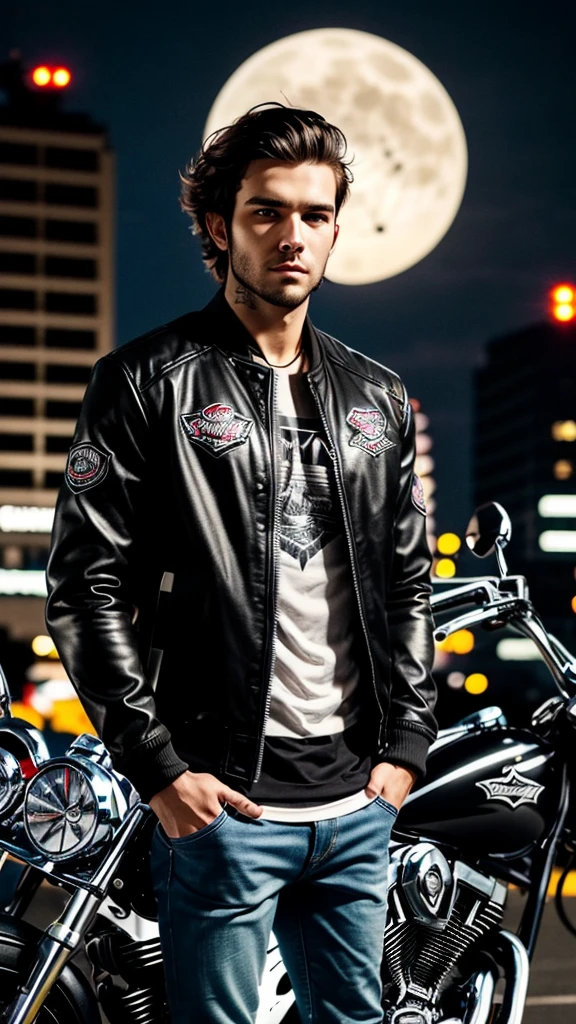 young adult man, middle-lenght dark (MESSY) hair, has beard, wearing a jacket of a motorcycle gang, a chopper model motorcycle on the background, it is night time, ultra realistic, best quality