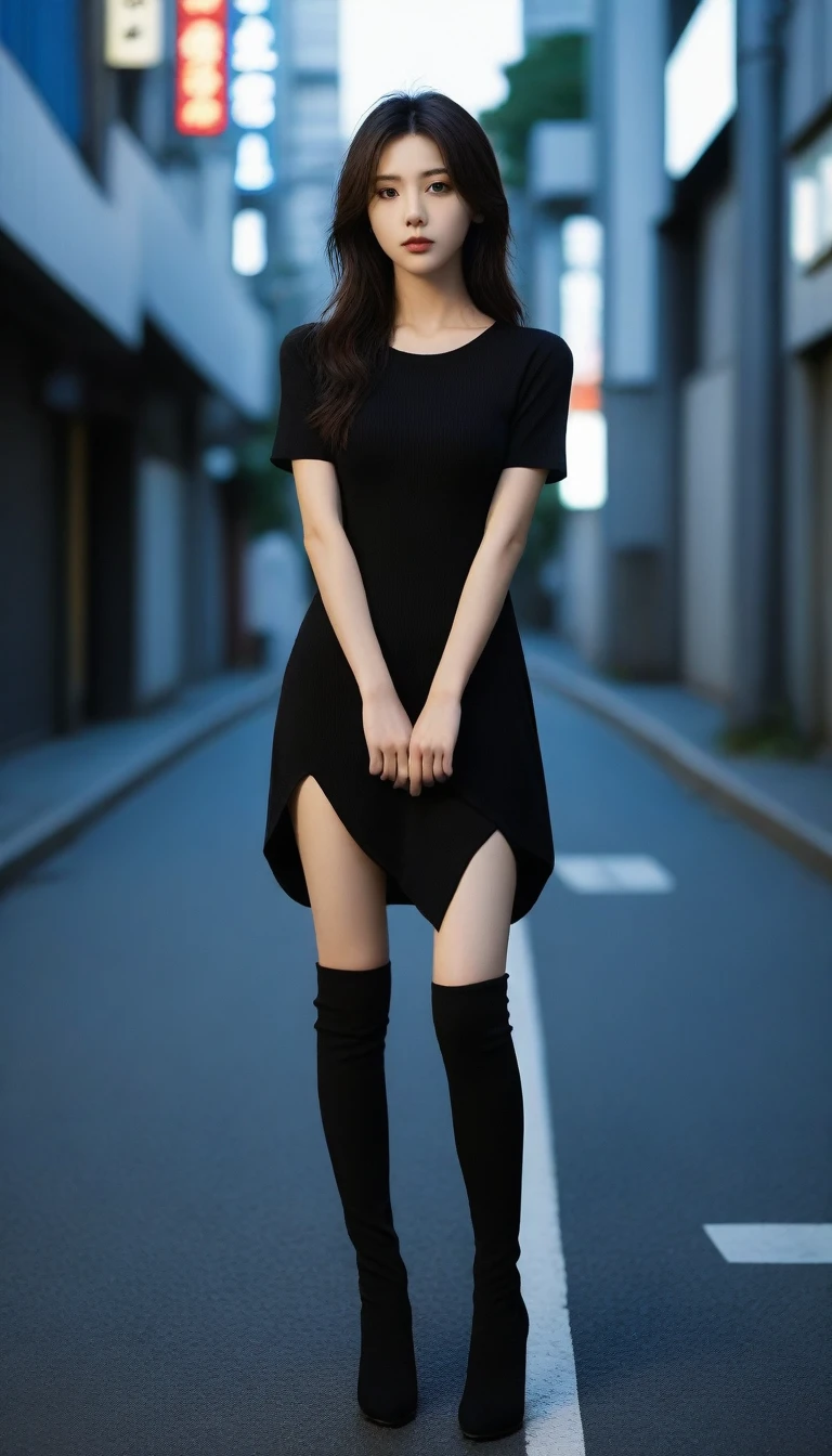8K, Ultra-high resolution, Highest quality, masterpiece, 三分割法によるphotograph,Surreal, photograph, 1 Girl, (16 years old:1.3), pretty girl, Cute face, Beautiful eyes in every detail, 細かくdetailedに,masterpiece,One Girl:1.2, Japan Female Announcer,whole body,from below,Fearful expression,Black Hair,Messy hair,Cyber city of the near future,Tight bodysuits、A girl alone in the middle of the road, (High leg cut), Black long boots,Beautiful leg line beauty,Realistic Skin, Perfect and beautiful face ,完璧でCute face, Skin with attention to detail, Perfect limbs、Narrow waist、Thin legs),Looking at the audience、beauty,Long neck、(((Ideal body type))),A cup small breasts :2,Portraiture:2,Perfect Anatomy,鮮明なdetailed,detailed,Surreal,Light and shadow,darkness