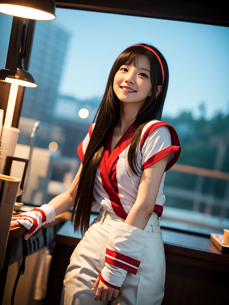 masterpiece, Highest quality,One Girl、nakorurums ,red bow, bow, Hair length, Hair Ribbon, Ainu clothing, solo, hair band, Black long hair,Smooth and silky hair, Fingerless gloves, Short sleeve, gloves, pants, red hair band, Brown eyes, white pants, A light smile, Official Art,Nature background, serve、High resolution、Dramatic lighting and shadows、Blurred foreground、(Cinema Lighting)、Soft lighting、Cinema Lighting、viewfinder、
