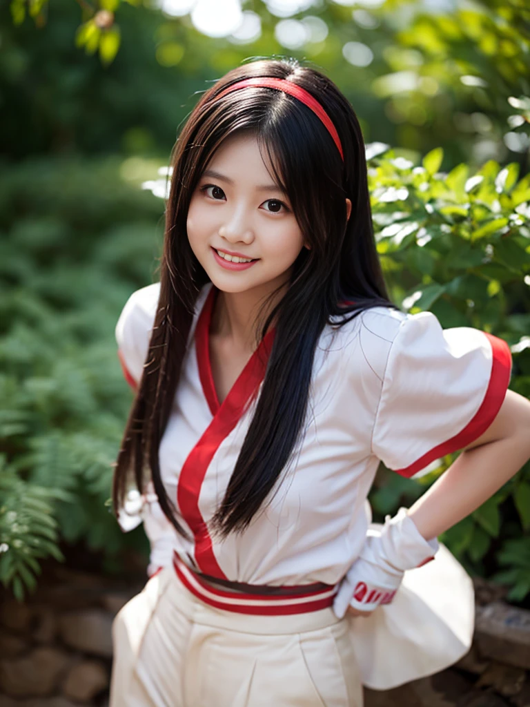 masterpiece, Highest quality,One Girl、nakorurums ,red bow, bow, Hair length, Hair Ribbon, Ainu clothing, solo, hair band, Black long hair,Smooth and silky hair, Fingerless gloves, Short sleeve, gloves, pants, red hair band, Brown eyes, white pants, A light smile, Official Art,Nature background, serve、High resolution、Dramatic lighting and shadows、Blurred foreground、(Cinema Lighting)、Soft lighting、Cinema Lighting、viewfinder、