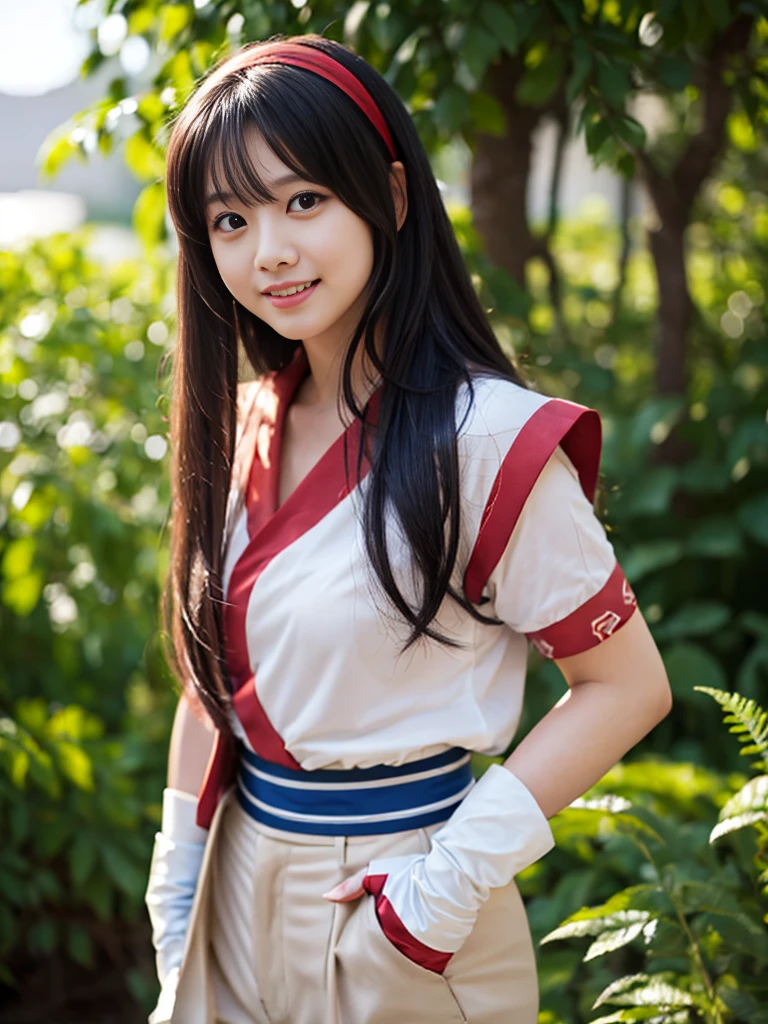 masterpiece, Highest quality,One Girl、nakorurums ,red bow, bow, Hair length, Hair Ribbon, Ainu clothing, solo, hair band, Black long hair,Smooth and silky hair, Fingerless gloves, Short sleeve, gloves, pants, red hair band, Brown eyes, white pants, A light smile, Official Art,Nature background, serve、High resolution、Dramatic lighting and shadows、Blurred foreground、(Cinema Lighting)、Soft lighting、Cinema Lighting、viewfinder、