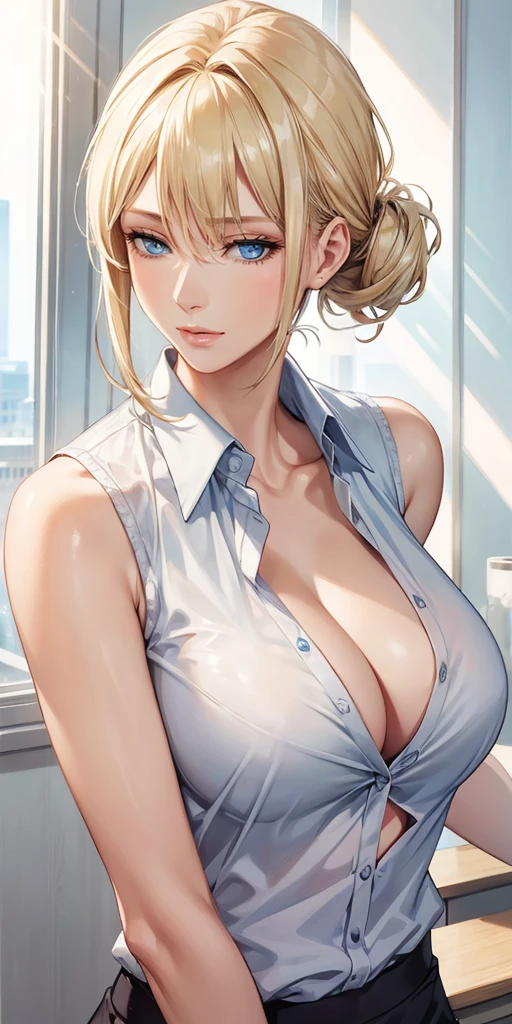 Elegant mature woman, milf, blue eyes, blonde hair, soft light, high detailed, 4k resolution, high quality, beautiful cg