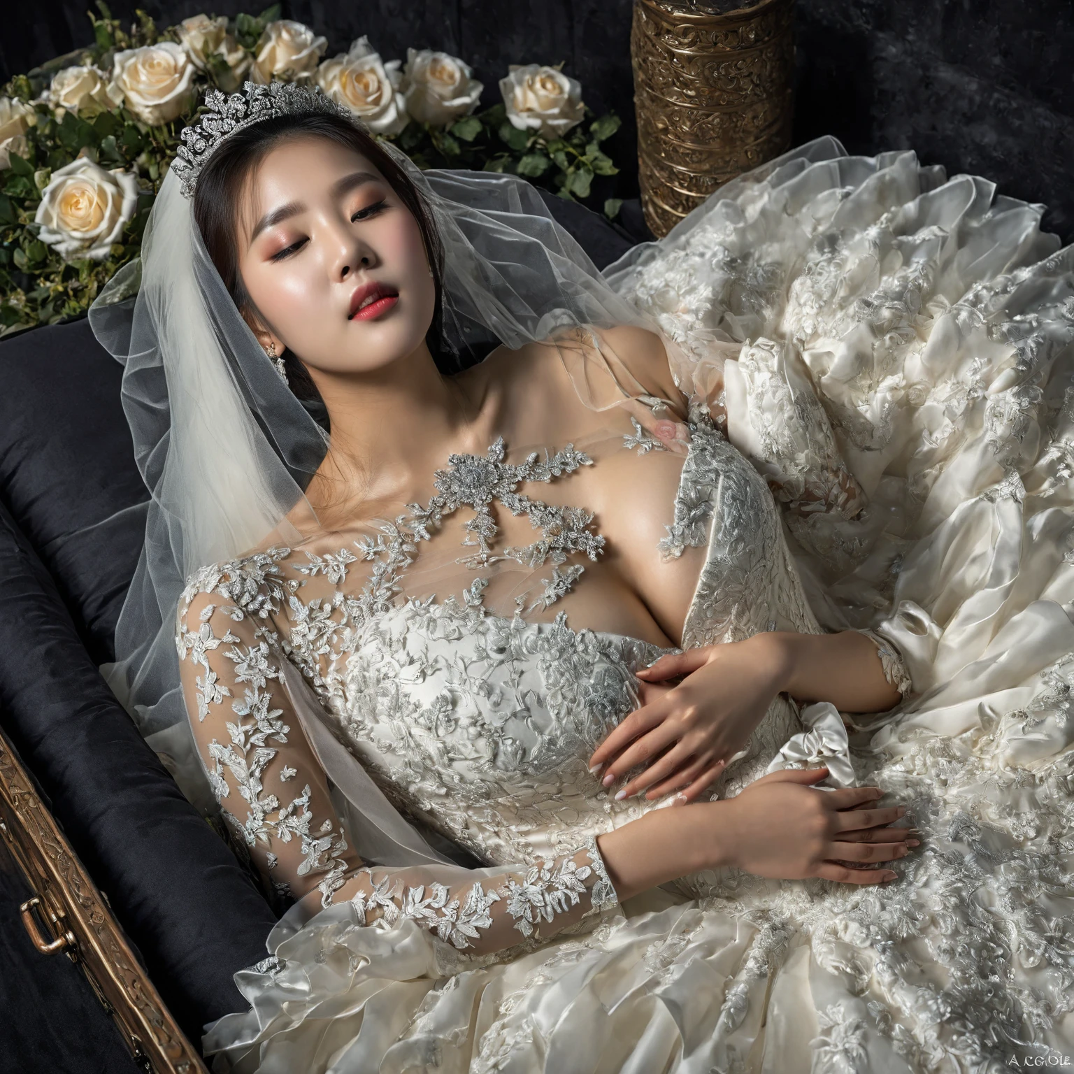 In a striking 8K HDR scene, a stunning Korean woman, 22 years old, lies peacefully in a black coffin surrounded by plush pillows. The deep box is set against a rich black background, accentuating the beauty of the subject. Her exquisite deep-V neckline ba11lgown attire is embroidered with superb detail, see-through wedding dress with flower-shape lace, showcasing her round and firm breasts, perfect cleavage, and beautiful eyebrows. Her closed eyes and mouth give an air of serenity, while her visible and absolute cleavage leave nothing to imagination. The scene is bathed in saturated colors, highlighting every intricate aspect from the ball skirt to her clean face, straight body, detailed hand perfect hands, straight body, own hands together, own hand on stomach, detailed hands, perfect hands.