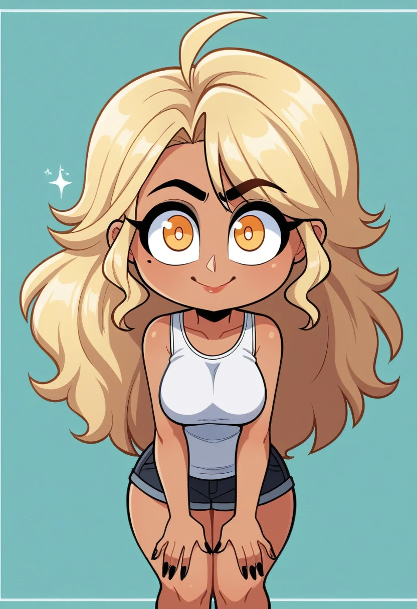 Expressiveh, egirlthot, chibiIcon, , score_9, score_8_up, score_8, (top quality,8k wallpaper),(masterpiece,best quality:1.2), ((source_anime, anime)), 1girl, , goat pupils, gyaru, ((very light blonde hair, long hair, )), old, mother, milf, , ,, tan skin, makeup, tan skin, saggy breasts, saggy, amused eyes, amused smile, , , wide eyes, jealous, jealousy, very jealous, yandere, , , , , obsessive, , black mascara, black eyeliner, yellow eyes, , , , , big sister, , large eyes, beauty mark, , giggling, laughing, leaning , , athletic , long fingernails,s1z3d1ff_t4lk, taller girl, standing, legs straight, bent forwards, arched back, hands on knees, , [[from below]:0.5], pov, eye contact, chibi, icon, cartoon, big head, wide hips, wide torso, plump, big eyes,