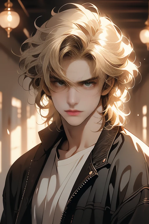 (tmasterpiece, high resolution, ultra - detailed:1.0), (1 boy, Young male, masculine face), Perfect male body, Adult male, Delicate eyes and delicate face, Extremely detailed CG, Unity 8k wallpaper, Complicated details, Detailed face, (blond hair, messy hair, serious faces, white T-shirt,Bad students), (frown,evil smile:1.3), hand in pocket, school corridor,black leather jacket, color difference, Depth of field, dramatic shadow, Ray tracing, Best quality, Cinematic lighting, offcial art,Portrait