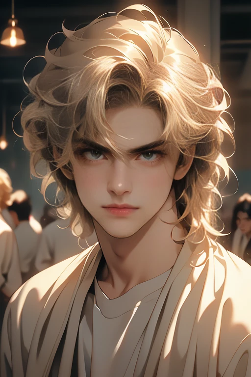 (tmasterpiece, high resolution, ultra - detailed:1.0), (1 boy, Young male, masculine face), Perfect male body, Adult male, Delicate eyes and delicate face, Extremely detailed CG, Unity 8k wallpaper, Complicated details, Detailed face, (blond hair, messy hair, serious faces, white T-shirt,Bad students), (frown,evil smile:1.3), hand in pocket, school corridor,black leather jacket, color difference, Depth of field, dramatic shadow, Ray tracing, Best quality, Cinematic lighting, offcial art,Portrait