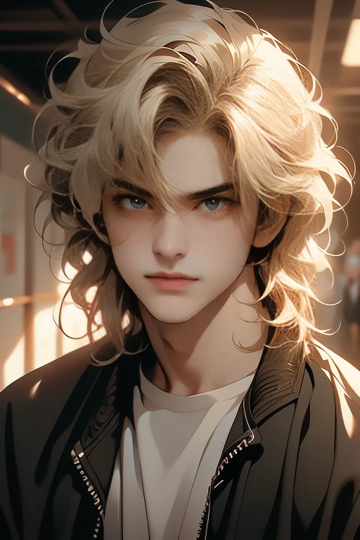 (tmasterpiece, high resolution, ultra - detailed:1.0), (1 boy, Young male, masculine face), Perfect male body, Adult male, Delicate eyes and delicate face, Extremely detailed CG, Unity 8k wallpaper, Complicated details, Detailed face, (blond hair, messy hair, serious faces, white T-shirt,Bad students), (frown,evil smile:1.3), hand in pocket, school corridor,black leather jacket, color difference, Depth of field, dramatic shadow, Ray tracing, Best quality, Cinematic lighting, offcial art,Portrait