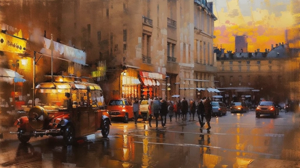 Cityscape print , Paris street cafeteria, night market,  road light, car,  bookstore, Long Shot, A broad perspective,  sunset, car両,  Artistic Oil Painting,