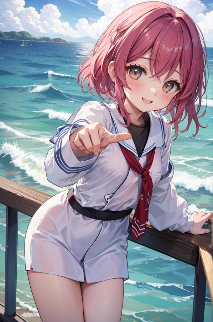 On the Sea、On the boat、With a map in hand、Pointing to the ocean、A lively face、smile、