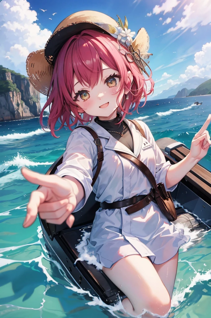 detailed illustration, close up, of a mature chubby woman, koala \(one piece\),hat,cabbie hat,red headwear,goggles on headwear,short hair,blue eyes,gigantic breasts,shirt,frilled shirt,pink shirt,gloves,brown gloves,belt,skirt,red skirt,frilled skirt,thighhighs,black thighhighs, sitting on ground, blush,embarrass, squatting,spread legs, outdoors, busy beach, palm trees, cinematic lighting, hires, volumetric lighting, highly detailed background, lights and shadows, backlit, masterpiece, <lora:add_detail:0.5> <lora:hairdetailer:0.5>  <lora:koala_(one_piece):0.7>