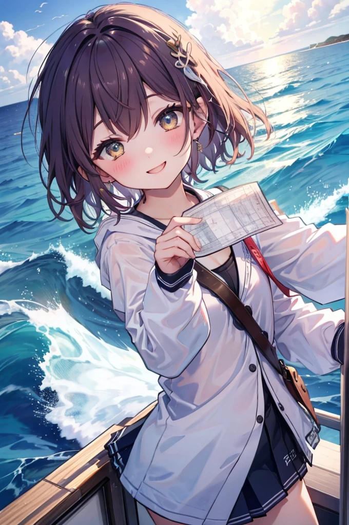 On the Sea、On the boat、With a map in hand、Pointing to the ocean、A lively face、smile、