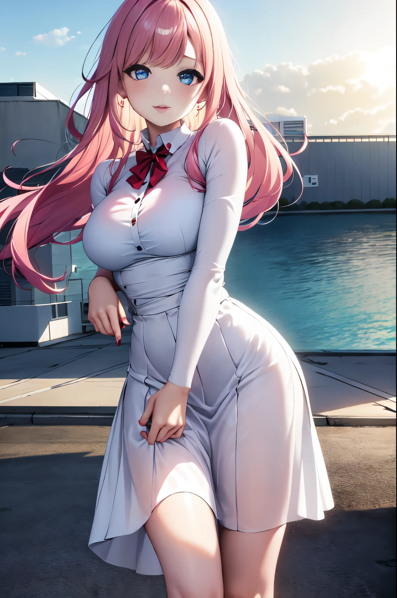 (Masterpiece, best quality: 1.2), 1 girl, alone, full body, (Hair tones of pink and blue), (big blue eyes), (lipstick, makeup), (simple red and white dress), Beautiful body , walking along the edge of a high fence, dynamic pose, 4k, high resolution, RAW quality, (close up shot from below), sunset in the background,