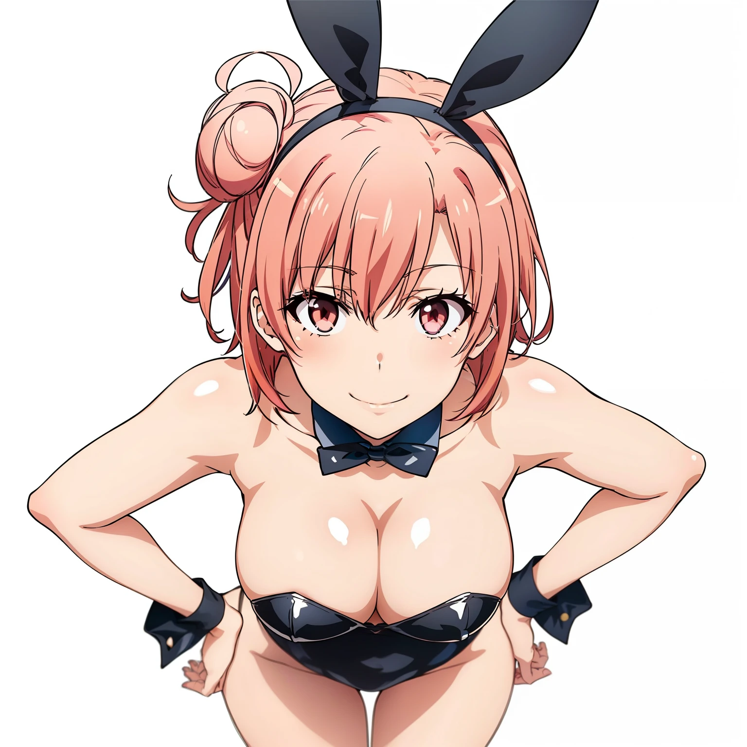 ((masutepiece, Best Quality, hight resolution, nffsw, Perfect Pixel, depth of fields, 4K, )), 1girl in, Solo, , Beautiful anime girl, Beautiful Art Style, close up, Looking up at Viewer, shot from above, Perfect body, Yuigahama Yui, Short hair, pink hair, hairbun, (large ), black playny outfit, smile, hands on hips, blank white background