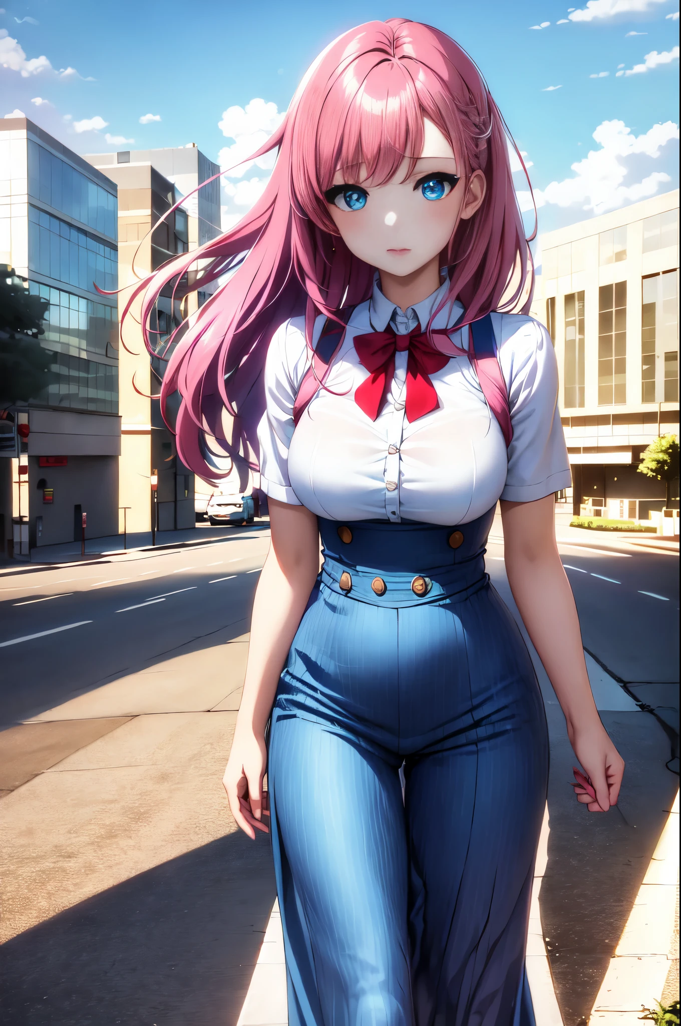 (Masterpiece, best quality: 1.2), 1 girl, alone, full body, (Hair tones of pink and blue), (big blue eyes), (lipstick, makeup), (simple red and white dress), Beautiful body , walking along the edge of a high fence, dynamic pose, 4k, high resolution, RAW quality, (close up shot from below), sunset in the background,