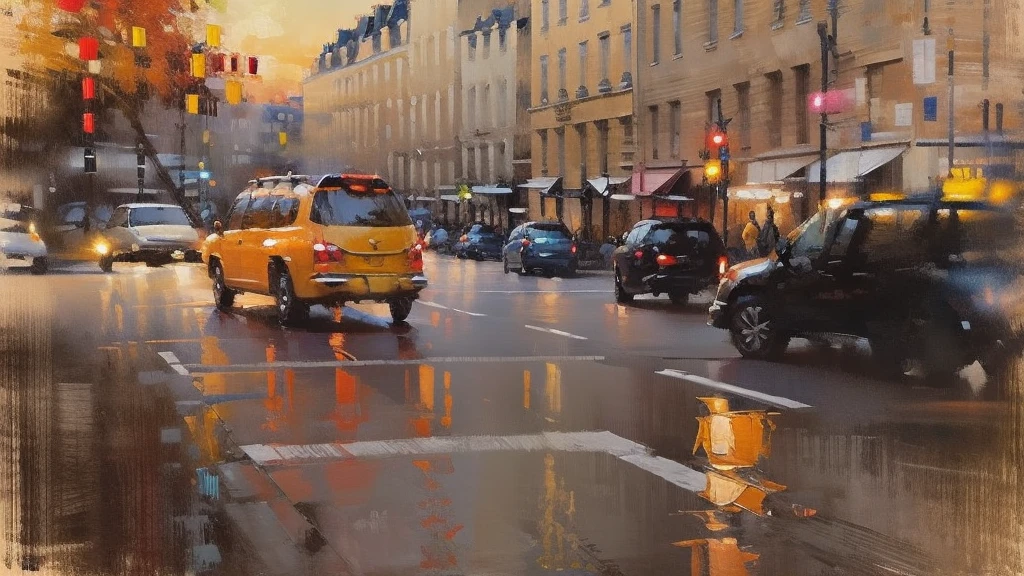 Cityscape print , Paris street cafeteria, night market, road light, car, bookstore, Long Shot, A broad perspective, sunset, car両, Artistic Oil Painting,