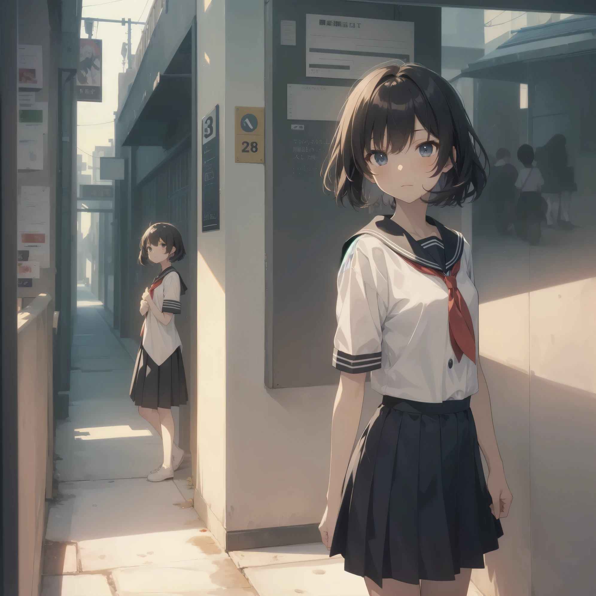 ultra-absurdres-Top quality by artist God, ultra-detailed, high resolution, anime moe artstyle, best anime 8k konachan wallpaper, pixiv contest winner, pool:2810, perfect anatomy,break, 1girl, (Please draw a girl walking sleepily to school alone. )break,(Solo,little female, 13-year-old:1.3),Full limbs, complete fingers,a junior high school student, (very short hair), short cut, flat chest, , small butt, small black eyes, beautiful detailed eyes, well-proportioned iris and pupils, expressive eyes, highres detailed hair, soft expression, salor school_uniform, sailor collar, serahuku, bow, pleated skirt,(Detailed Lighting), (Detailed background), in the School commute route. break,super detailed skin, Best cinematic lighting powered by famous artist, 8k,beauty illustration,photoshop_(medium),very aesthetic,break,((artist:beni_shake )), artist:clamp ,artist:carnelian ,artist:kantoku ,