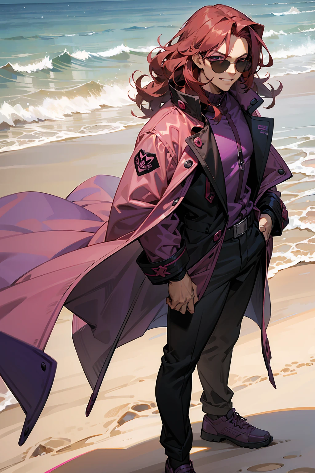 1male, Young Adult, Dark Red Hair, Light Pink Hair, , Muscular, Curly Hair, Two Toned Hair, Sunglasses, Magenta Colored Eyes, Smirk, Standing On Beach, Purple Coat