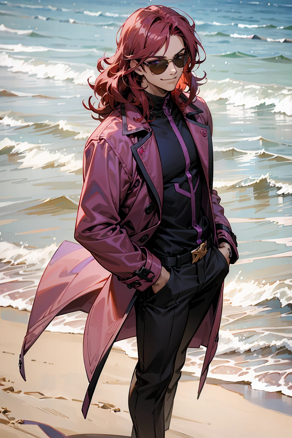 1male, Young Adult, Dark Red Hair, Light Pink Hair, , Muscular, Curly Hair, Two Toned Hair, Sunglasses, Magenta Colored Eyes, Smirk, Standing On Beach, Purple Coat