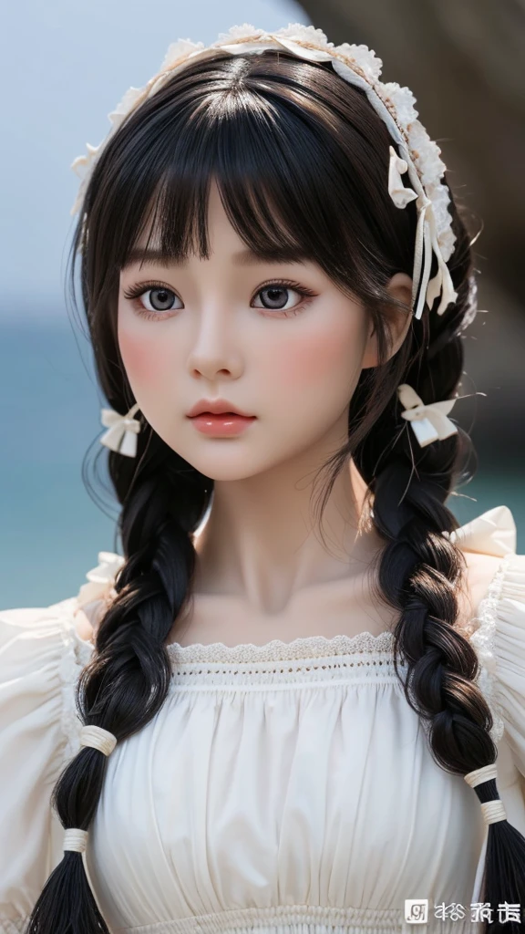 Highest quality, Ultra Nothing, Realistic, Beautiful Woman Photos, 30th Generation, Detailed face, Black Messy Fishtail Braid, (Exquisite porcelain doll,Delicate clothing with lots of frills and ribbons), Beach, (Face close-up), Captivating look, View your viewers