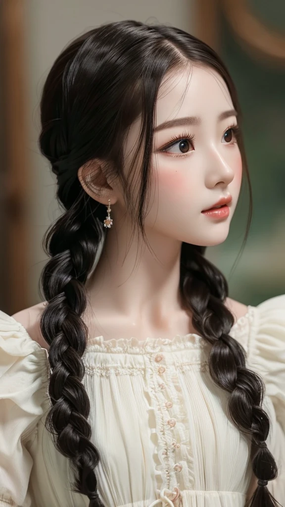 Highest quality, Ultra Nothing, Realistic, Beautiful Woman Photos, 30th Generation, Detailed face, Black Messy Fishtail Braid, (Exquisite porcelain doll,Delicate clothing with lots of frills and ribbons), Beach, (Face close-up), Captivating look, View your viewers