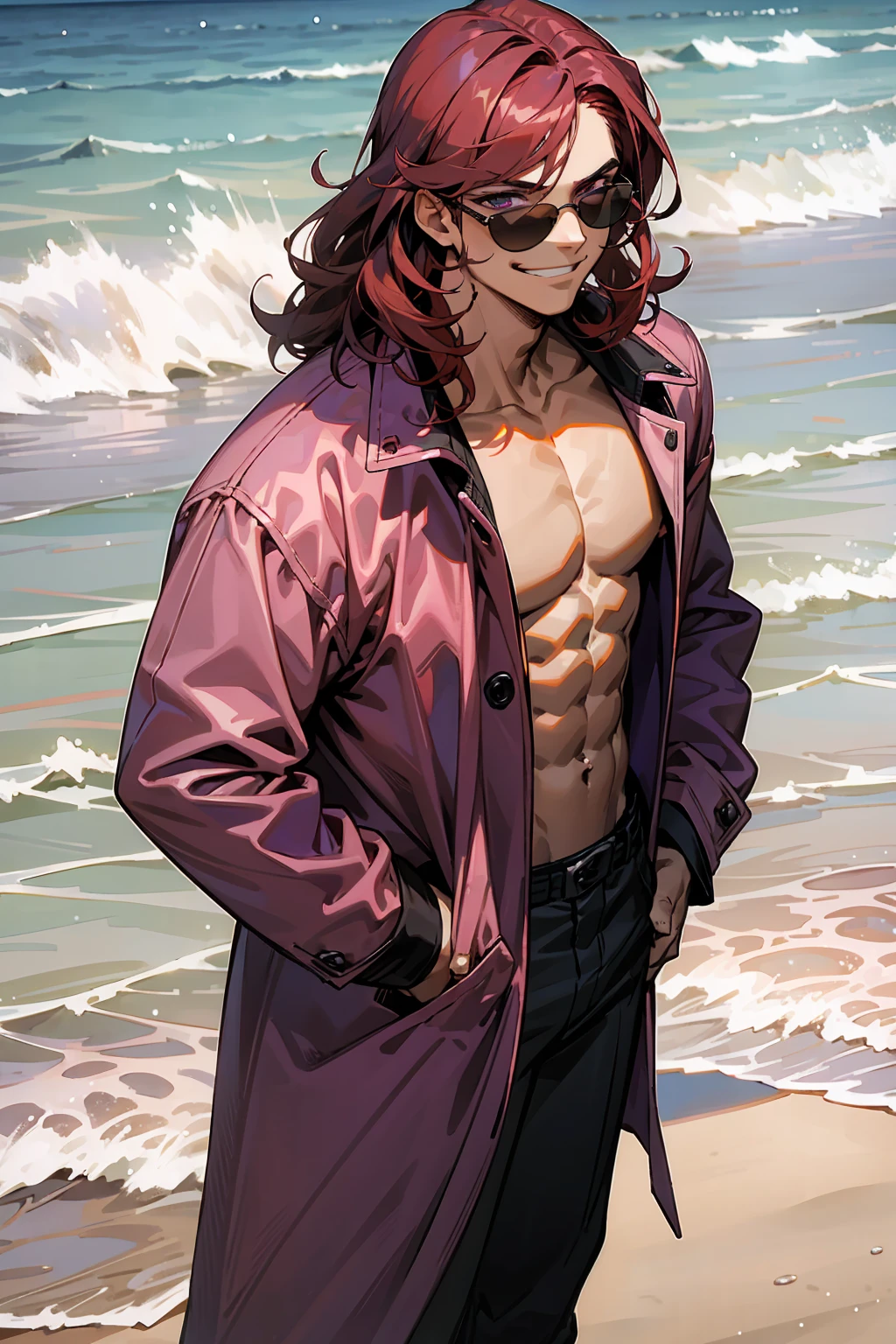 1male, Young Adult, Dark Red Hair, Light Pink Hair, , Muscular, Curly Hair, Two Toned Hair, Sunglasses, Magenta Colored Eyes, Smirk, Standing On Beach, Purple Coat