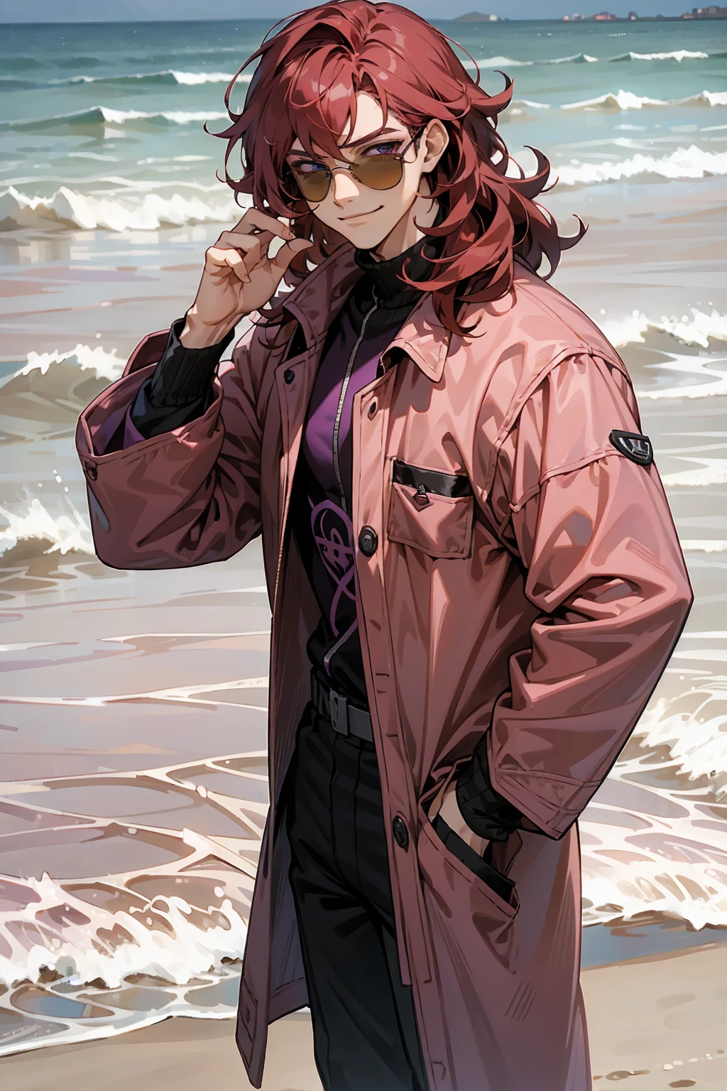 1male, Young Adult, Dark Red Hair, Light Pink Hair, , Muscular, Curly Hair, Two Toned Hair, Sunglasses, Magenta Colored Eyes, Smirk, Standing On Beach, Purple Coat